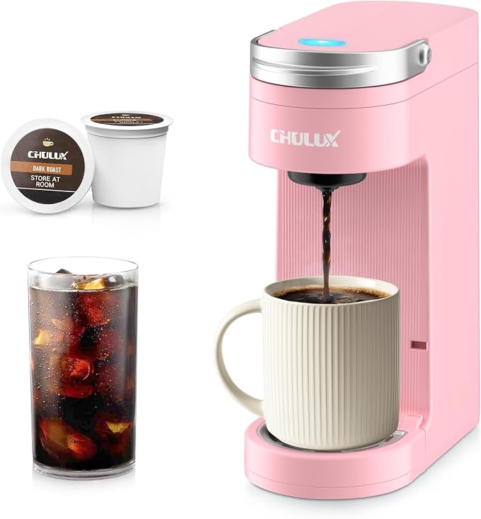 CHULUX Slim Single Serve Coffee Maker for K Cup Pod for Small Spaces, Pink | Fast-Heating Boiler System, 4-Hole Needle for Richer Flavor, Adjustable Drip Tray for 7.3" Travel Mug, Food Grade Material