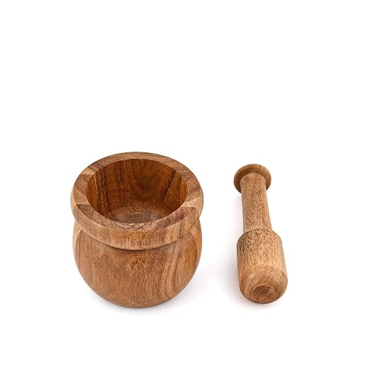 Handcrafted Acacia Wood Mortar & Pestle – Spice Grinder, Herb Crusher, Pesto & Guacamole Bowl, Compact Kitchen Tool (4 x 4 x 3 Inches)