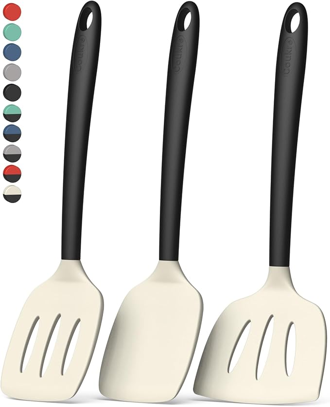 Coukre 3 Pack Silicone Spatula Set, Heat Resistant to 500°F, BPA-Free | Fish Spatula, Solid & Slotted Turners, Dishwasher Safe, Spatula Set for Eggs, Pancakes, Fish & Burgers, BeigeBlack