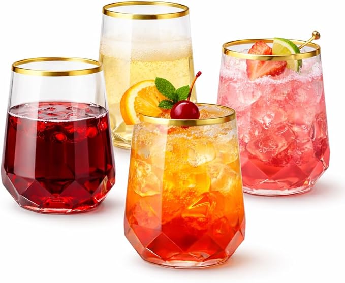 Oojami 40 Pack Disposable Plastic Wine Glasses 12oz Gold Rim - Diamond | Stemless Cocktail Glasses, Champagne Whiskey Wine Cups, BPA-Free Shatterproof Unbreakable Reusable Recyclable, Wedding Party