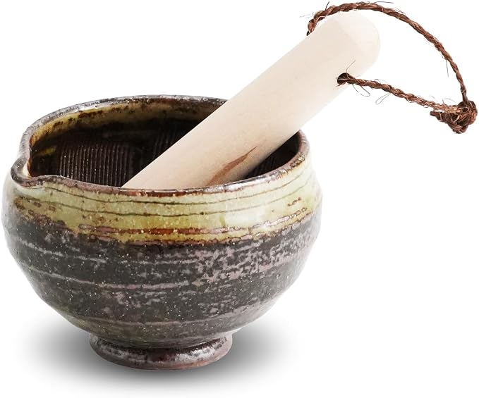 Traditional Japanese Mini Sesame Seed Grinder with Pestle - Mino Takada-yaki Ceramic - Deep Amber - Ideal for Dressings and Sauces (Caramel Color)