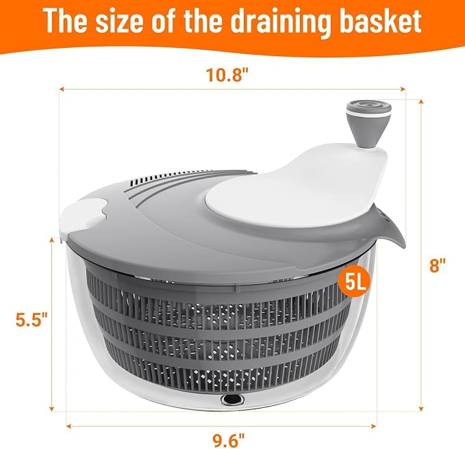 Salad Spinner Lettuce Spinner with Drainage Holes, 5 Chopping Blades, Grey | 5.3 QT Large High Efficiency Fruit Vegetable Washer Dryer, Easy Press Kitchen Tool for Leafy Vegetables