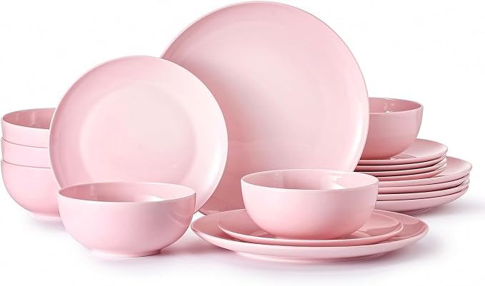 18-Piece Bone China Dinnerware Set for 6, Sakura Pink | Lightweight Porcelain | Round Plates & Bowls | Scratch Resistant | Durable Ceramic | Microwave & Dishwasher Safe