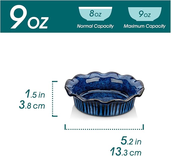 vancasso Ceramic Mini Pie Pans Set of 6, 5.2 Inch Small Pie Plates for Baking with Ruffled Edge, Individual Quiche Baking Dishes Tart Pans, Mini Pot Pie Plates for Microwave & Oven Safe, Blue