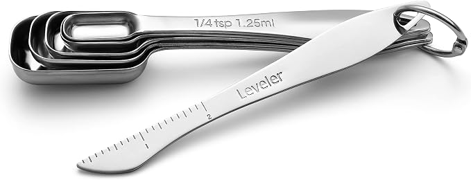 Spring Chef Stackable Stainless Steel Measuring Spoons Set of 6 w/Leveler | Rectangular Metric Metal Teaspoon & Tablespoon Measuring Spoons for Dry & Liquid Ingredients, Fits in Spice Jars, Long Handle