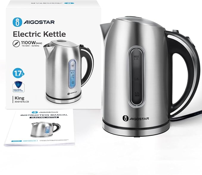 Aigostar Electric Kettle Stainless Steel, 1.7 Liter, Sliver | Cordless Tea Kettle, 1100W Hot Water Kettle with Auto Shut-Off, BPA-Free