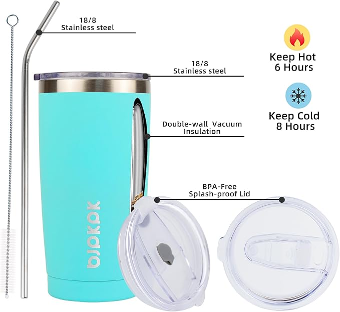 BJPKPK 20oz Coffee Tumbler with Lid & Straw, Insulated Stainless Steel Mug | Double Wall Vacuum, Keeps Hot/Cold, BPA Free, Leak Proof, Iced Coffee Cup Fit Car Holder, Travel & Beach, Turquoise