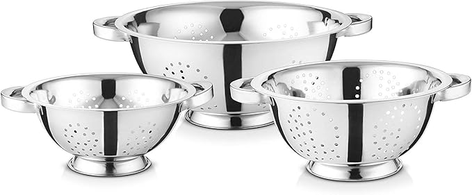 Set of 3 Stainless Steel Colanders, Comes in 1.5 Quart 3qt Quart and 5 Quart for all your Cooking | Baking | Prepping Needs