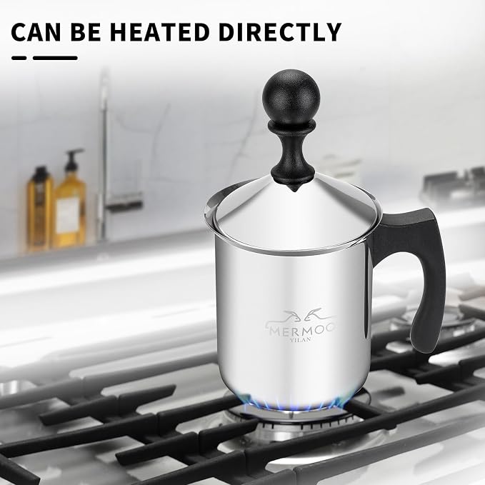 MERMOO YILAN Manual Milk Frother 14oz Stovetop Milk Foamer | for Dairy&Non-dairy milk| Cold&Hot Milk|Not Require Batteries|Thick&Creamy Foam|for Cappuccinos, Lattes, Matcha
