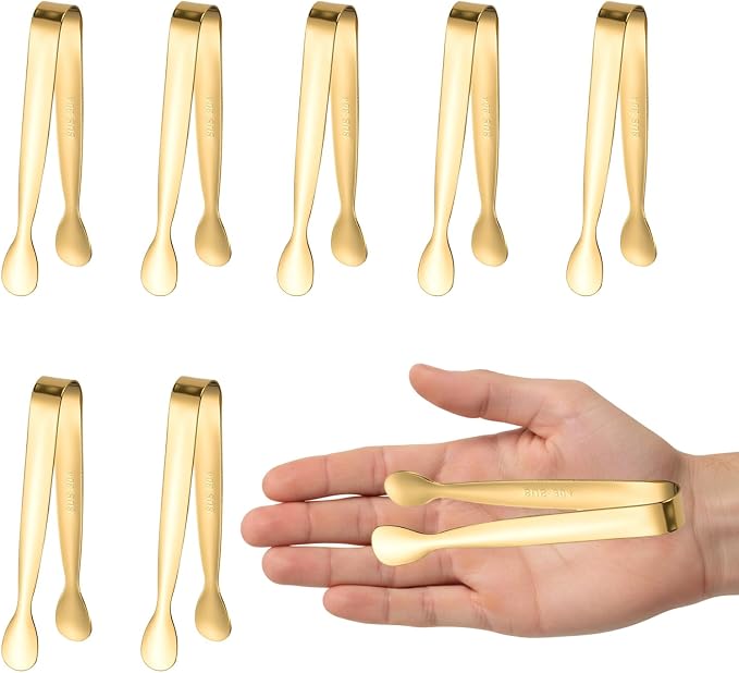 8PCS Gold Mini Metal Tongs,4.3"/11cm,Stainless Steel 304,for Ice Cube,Sugar | Kitchen Accessories for Serving Food, Salad, Toaster, Desserts
