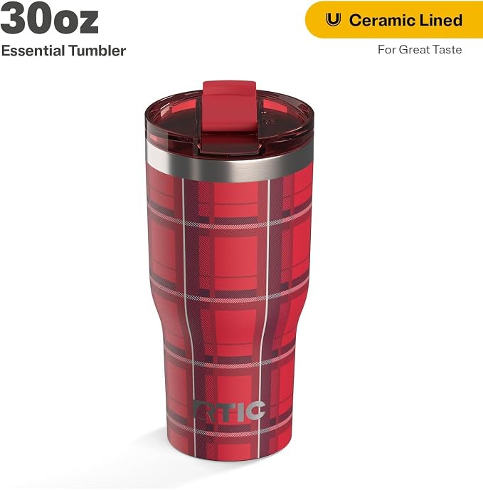 RTIC 30oz Essential Tumbler with Lid, Ceramic Lined, Insulated, Stainless Steel, Metal, Double Wall Vacuum-Insulation, Travel Cup for Iced Coffee, Tea, Hot and Cold Drink, Red Plaid