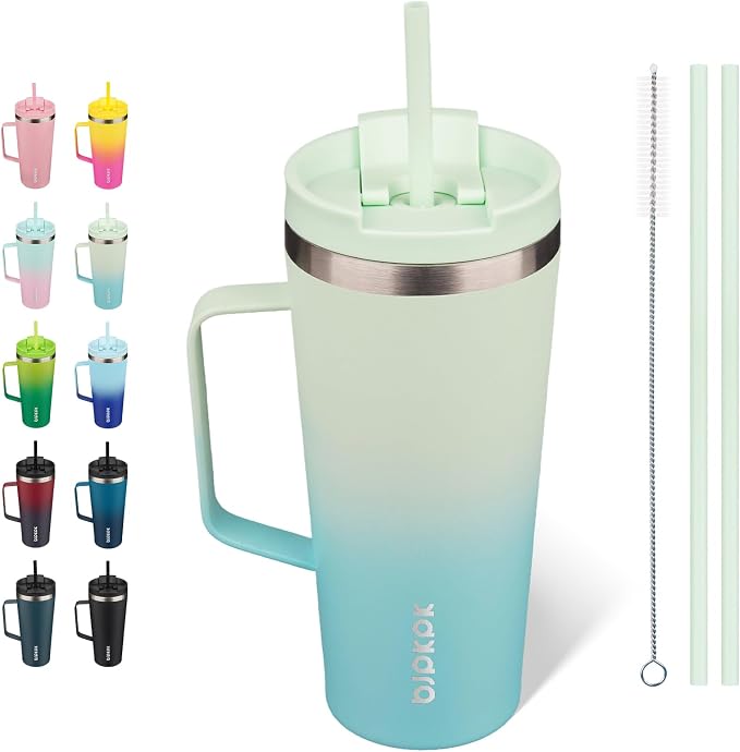 BJPKPK 22oz Insulated Tumbler with Handle, Lid & Straw, Stainless Steel | Double Wall Vacuum Insulated Coffee Travel Mug - Keeps Cold & Hot, BPA Free, Cupholder Fit for Office, Gym & Travel