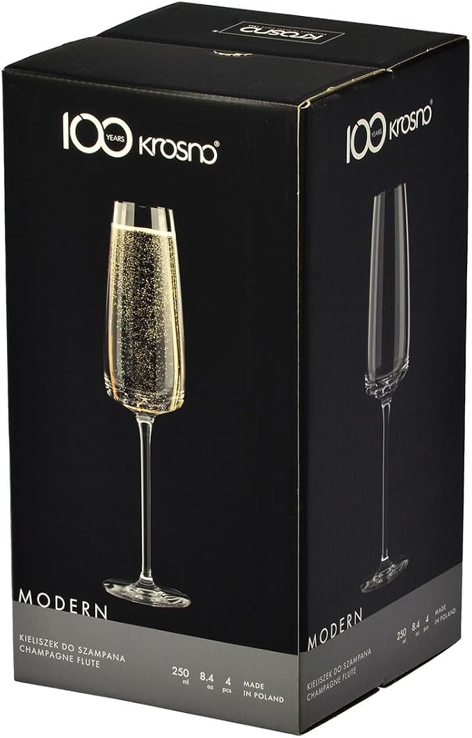 KROSNO Champagne Flutes Set of 4, 8.5 oz, Modern Collection | Drinking Glasses, Led-Free Crystal Glasses for Prosecco Sparkling Wine, Wedding Champagne Flutes, Dishwasher Safe
