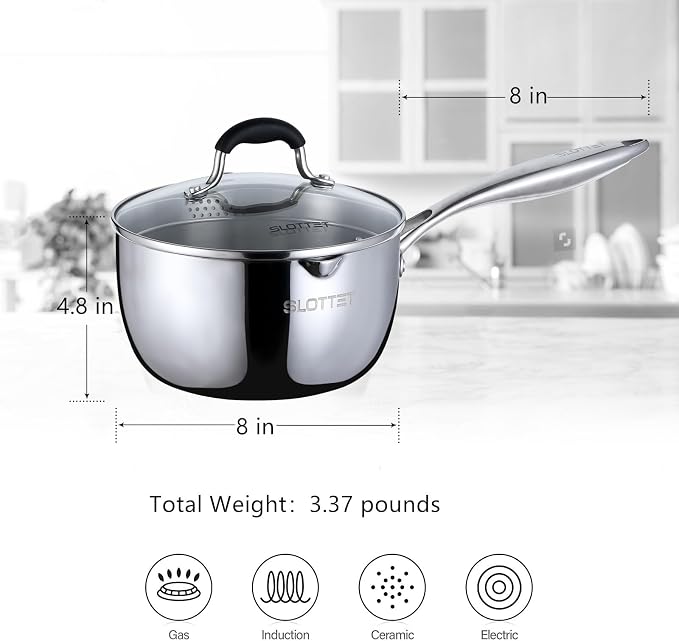 SLOTTET 3.5 Quart Stainless Steel Saucepan with Pour Spout, Tri-Ply Full Body Small Multipurpose Pot with Strainer Glass Lid, 3 Qt Sauce Pan for Cooking with Stay-cool Handle.
