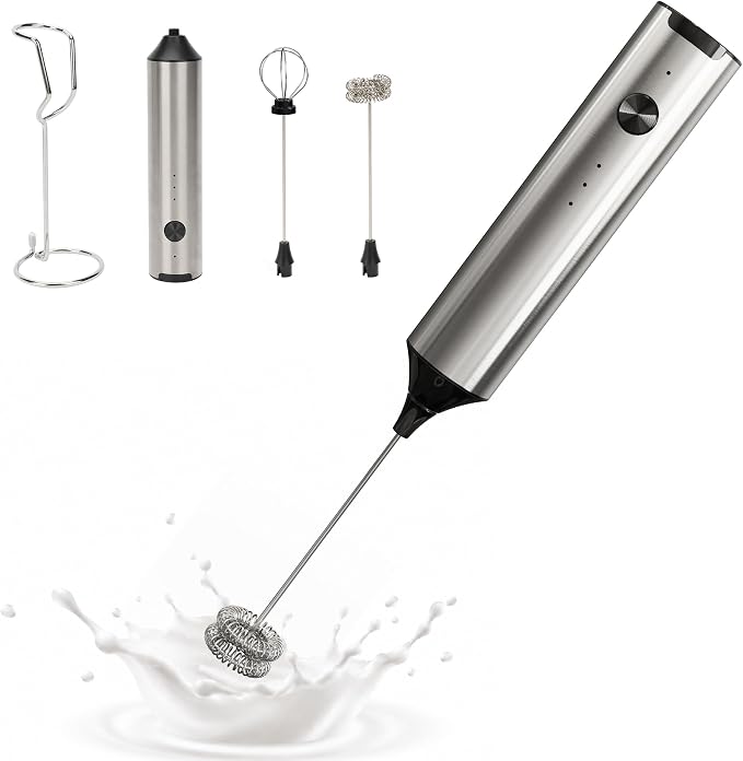 Milk Frother Handheld, Electric Milk Foamer with 2 Whisks & 3 Speeds, USB-C Rechargeable Stainless Steel Drink Mixer, Mini Egg Beater for Latte Cappuccino Matcha Hot Chocolate Protein Shake, Silver
