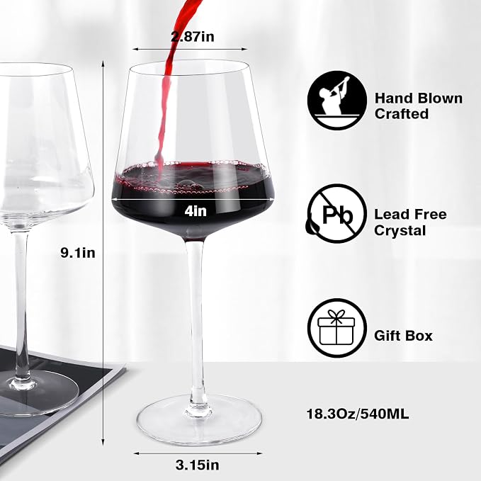 Wine Glasses Set of 4, 18oz Modern Crystal Glasses, Hand Blown | Skinny Long Stem for Red White Wine, Great Gift Packaging for Daily Use, Unique Wedding Anniversary or Birthday Gift