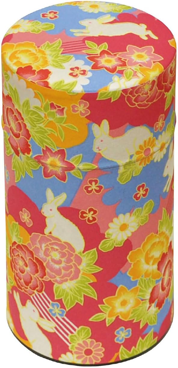 Japanese Pokkan Matcha Coffee Spice Tea Tin Canister Washi Paper Storage with Lid 7.05 oz Capacity (Hana Usagi)