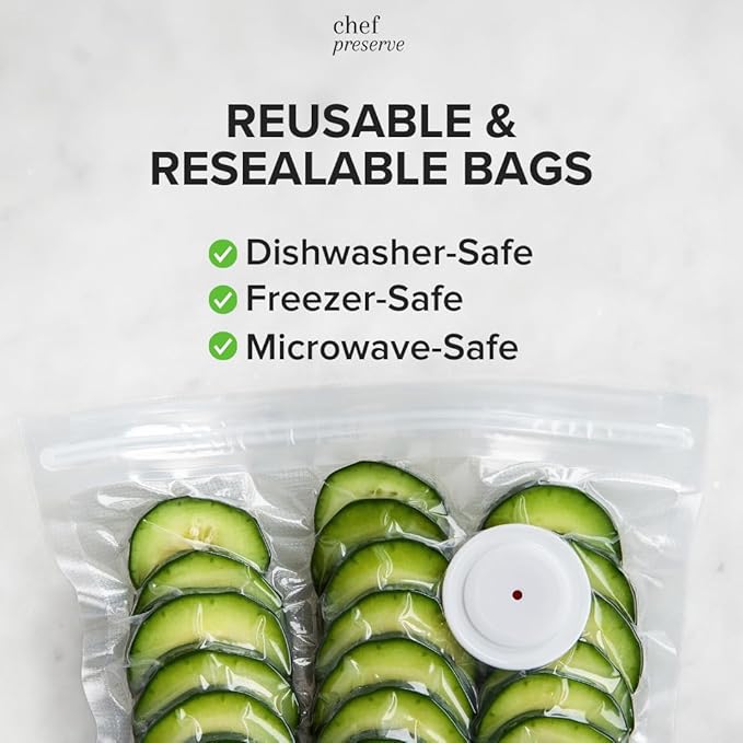 Chef Preserve Reusable Vacuum Sealer Bags for Food - 30 BPA-Free XL Large (12 x 20 in) Food Storage Bags, Freezer, Microwave - Odor-Resistant, Leak-Proof - Compatible with Chef Preserve Vacuum Sealers
