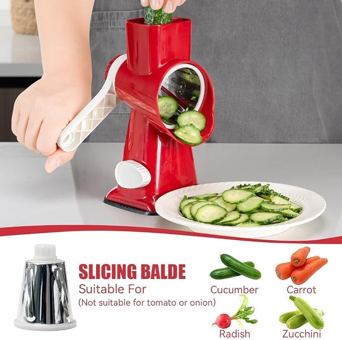 Rotary Cheese Grater Hand Crank Red - Shredder Slicer Grinder 3 Stainless Steel Blades, Stable Suction, Labor-Saving Handle, Safe Kitchen Tool for Cheese, Vegetable, Nuts, Chocolate