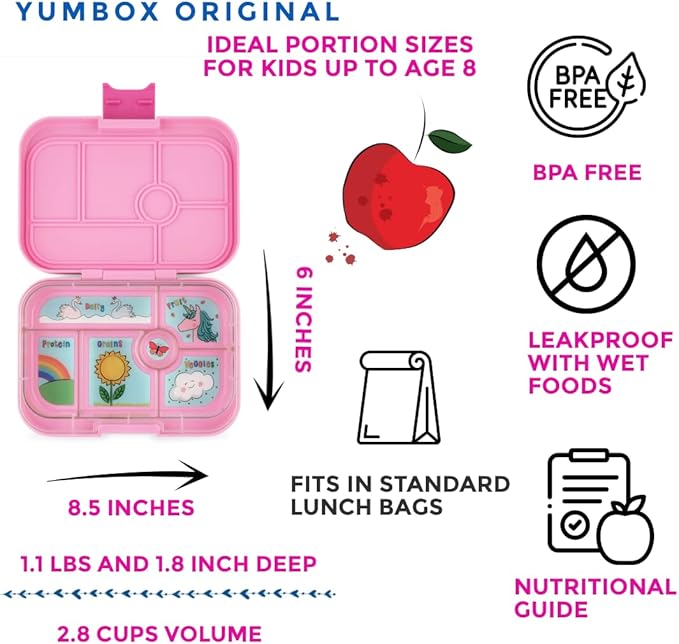 Yumbox Original Bento Lunch Box for Kids (Power Pink Unicorn) | Leakproof, 6 sections, Durable, Compact, Lightweight, Easy Open Latch, Dishwasher Safe