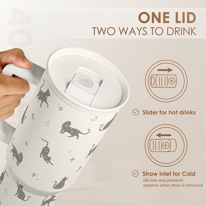 Gift for Cat Lovers Cat Mom – 40oz Stainless Steel Tumbler with Handle and Straw - Travel Coffee Mug for Women, Gift for Birthday, Christmas