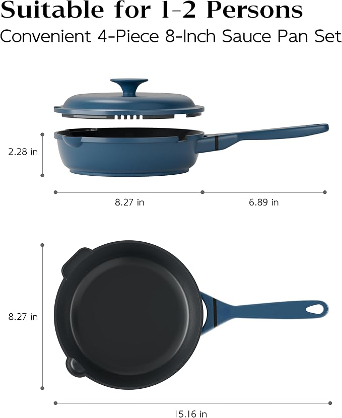 FDN 8" Ceramic Non Stick Frying Pans With Lid, Titanium Pans for Cooking, Non-Toxic PFAS-Free, Induction & Oven-Safe Cookware, Blue For Daily Cooking