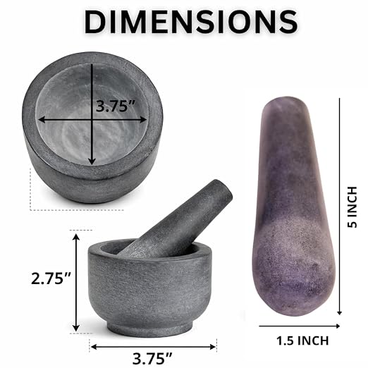 Marble Stone Mortar and Pestle, Grey | 3.75"X2.75" Mortar, 5"X1.5" Pestle, Grind Spices & Powder Pesto, Mash Herbs & Crush Pills, Regular Size