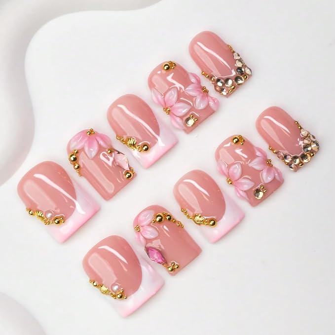 10 Pcs Flower Press on Nails Handmade Short Fake Nails 3D Pink White Flower Designs Rhinestone French Tips False Nails Press ons with Charms Designs Thick Square Acrylic Stick on Nail for Women (M)