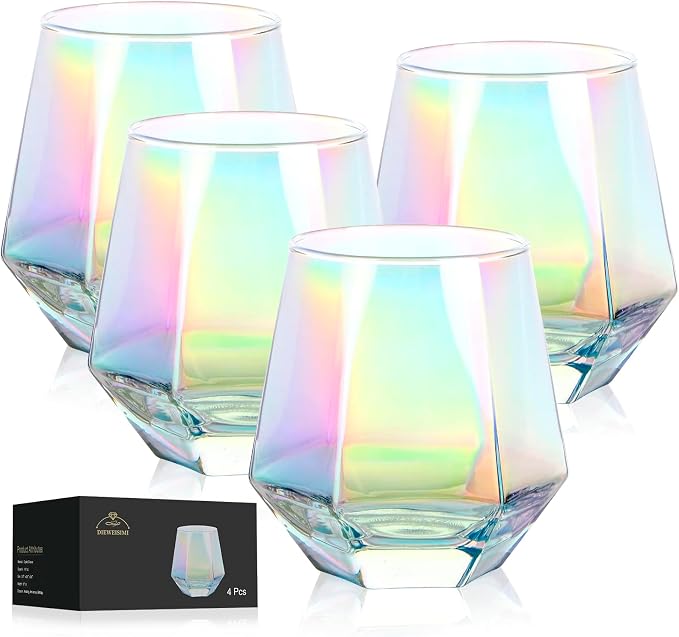 Stemless Wine Glasses Set of 4, Modern Rainbow Diamond Wine Glass, Lead-Free Premium Crystal Iridescent Wine Glasses Set for Daily Use Wedding Anniversary or Birthday Gift