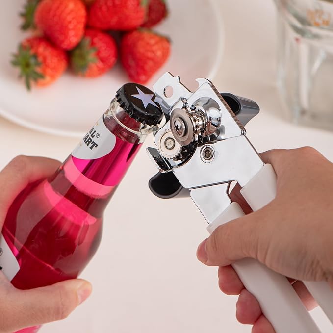 Can Opener Manual, Can Openers Hand Held with Comfort Anti-Slip Handles, Heavy Duty Stainless Steel Can Opener Smooth Edge and Bottle Openers, Easy Turn Can Openers for Seniors, Kitchen, White