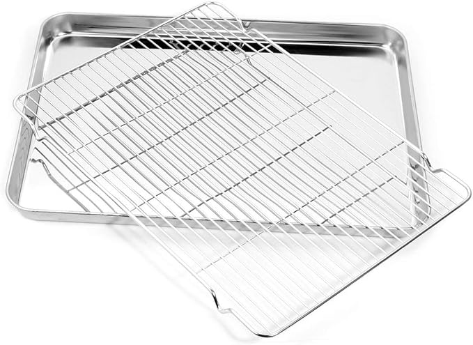 Baking Sheet and Cooling Rack Set, Stainless Steel Commercial Grade Cookie Sheet and Rack Set, 12.5 x 10 x 1 inch, Healthy & Nontoxic & Rustproof & Easy Clean & Dishwasher Safe