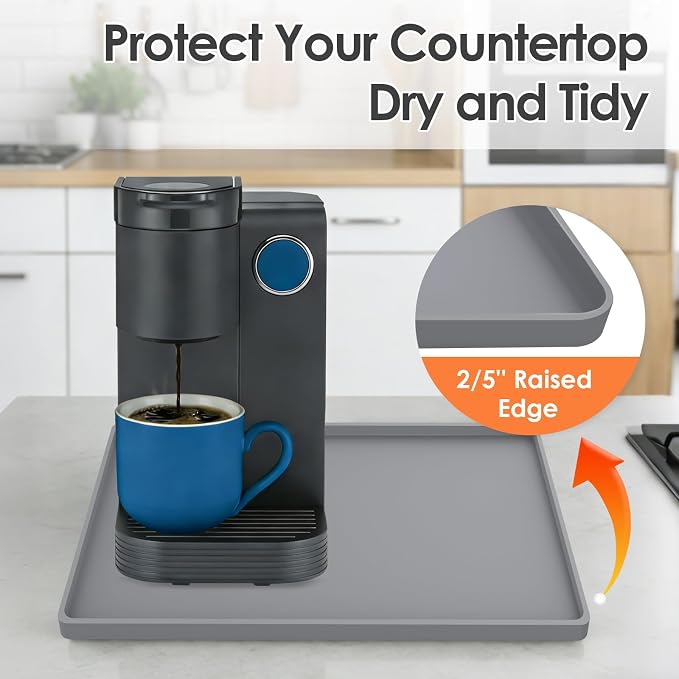 Silicone Coffee Maker Mat with Lip for Countertops, 18.9'' x 11.8'', Grey | Multi leak-proof coffee tray for countertop, non-slip silicone mat fits most coffee makers & espresso machines, wipe-clean