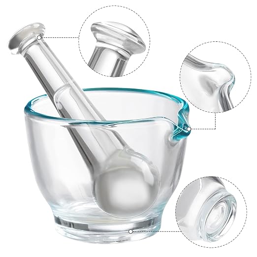 Mortar and Pestle Set, Glass Medicine Grinder, 4oz | Nonporous glass bowl, pour spout, heavy base and comfort grip for powders, seeds or herbs