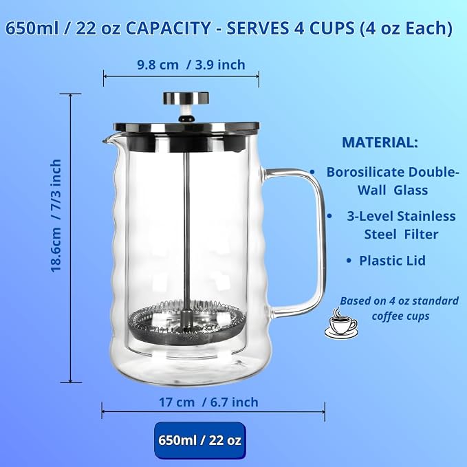 Glass French Press Coffee Maker, Heat Resistant Borosilicate Glass (22oz Wavy)
