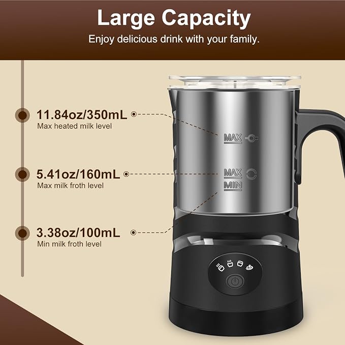 COO Milk Frother, 4-in-1 Electric Milk Steamer 350ml | Hot & Cold Foam Maker with Auto Shut-Off, Smooth Froth for Latte, Cappuccino, Macchiato & Hot Chocolate, Black