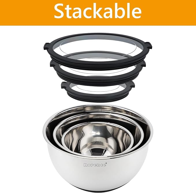 Mixing Bowls with Lids Set, Non Slip Silicone Bottom Stainless Steel Mixing Kitchen Bowls for Baking/Storage, Dishwasher Safe, 5/3/1.5QT | Non Slip Silicone Bottom, Dishwasher Safe, 5/3/1.5QT
