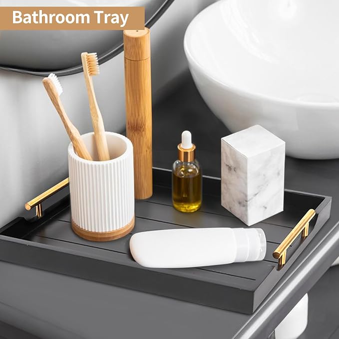 SXNOWS Wood Serving Tray with 2 Sets of Handles,Black | Rectangle 16.5x13 Inch Ottoman Decorative Tray Platter for Coffee Table Living Room Bar Home Decor, 4 Coasters Included