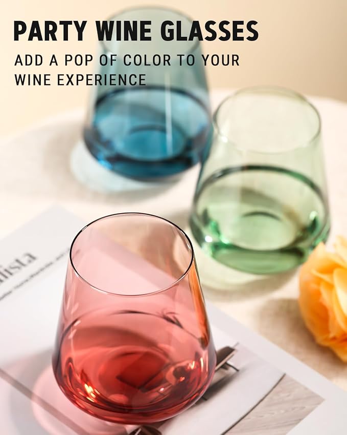 comfit Colored Stemless Wine Glasses Set of 6-17 oz Hand-Blown Crystal Colored Glassware with no Stem, Multicolor Glassware for Lovers, Wedding, Birthday, Mother's Day Housewarming Gifts for Women