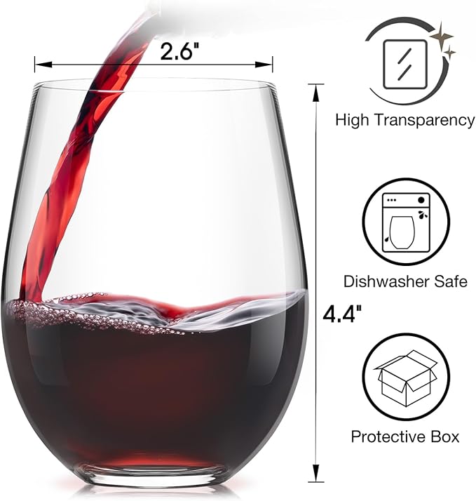 Stemless Wine Glasses Set of 4, 15oz Red White Wine Glass, No Stem | Glassware, Sturdy Drinking Glass, Home Bar, Daily Use, Hosting, Evening Party, Birthdays, Housewarming