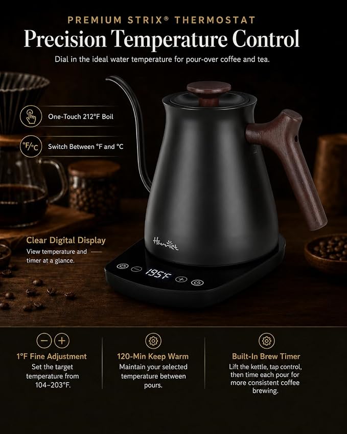 Harriet Gooseneck Electric Kettle, 0.8L, 1°F Control, Brew Timer | 120-Min Keep Warm, 104–203°F Control, Built-In Brew Timer, SUS304 Stainless Steel, Wood-Accent Handle for Pour-Over Coffee