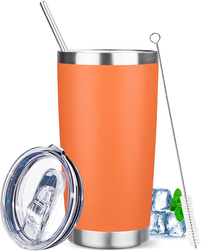 20 oz Tumbler with Lids and Straws, Stainless Steel Insulated Travel Coffee Mug, Double Wall Vacuum Insulated Tumblers, Powder Coated Coffee Tumbler for Cold & Hot Drinks (Orange)