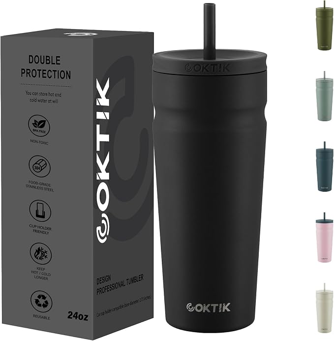 COKTIK 24oz Insulated Tumbler with Lid and Straw Iced Coffee Cup Reusable Stainless Steel Travel Mug Water Bottle Cupholder Friendly for Women Men Her Him (Black)