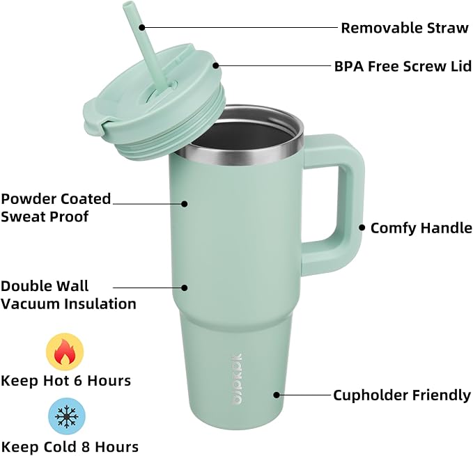 BJPKPK 30 oz Insulated Tumbler with Handle & Straw, Stainless Steel | Double Wall Vacuum Insulation, Leak Proof, BPA Free, Dishwasher Safe, Cupholder Friendly, Travel & Outdoor, Pistachio Green