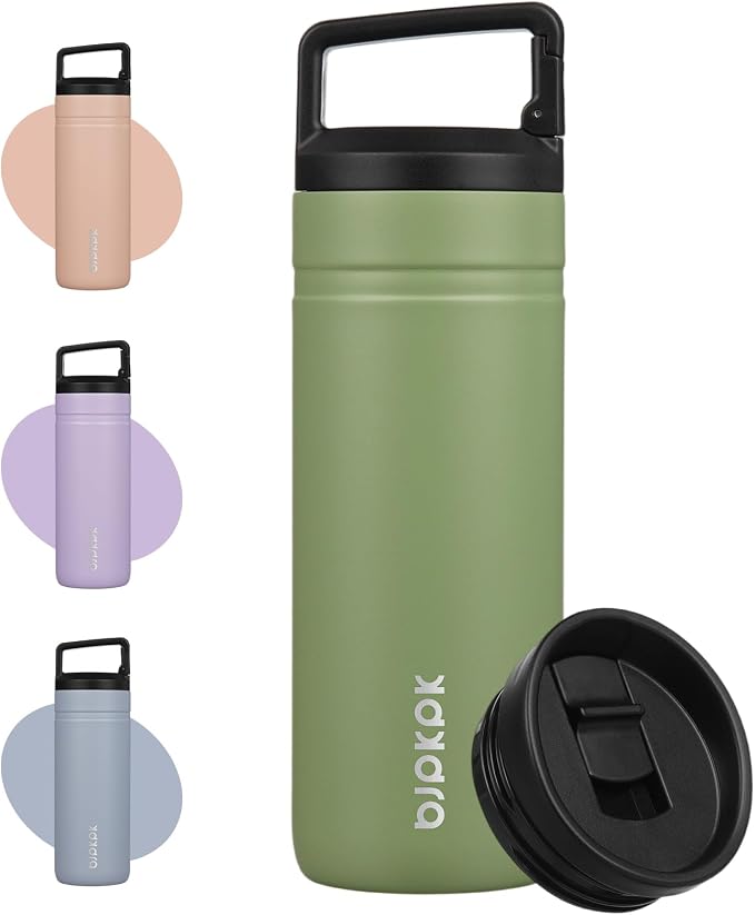 BJPKPK 20 oz Insulated Travel Water Bottle, Coffee Tumbler Stainless Steel | Double Wall Vacuum, Leakproof, Thermal, Keeps Hot/Cold, Dishwasher Safe, Spill Proof, Wide Mouth, 2 Lids, Forest Green