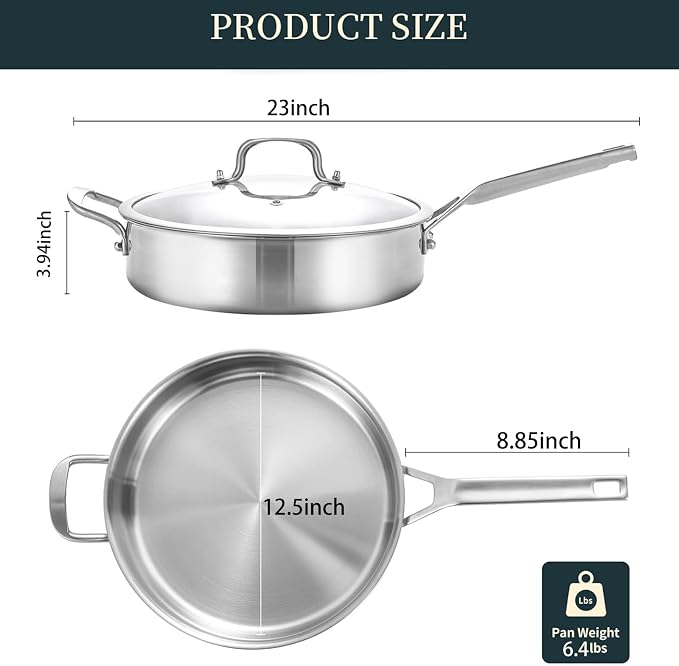 Yeksum Tri-Ply Stainless Steel Saute Pan 7 Quarts, 12 Inch Deep Frying Pan with Lids, 3-layer Large Frying Pan Skillet with Stay Cool Handle, Saute Pan with Lid, Induction Pan, Works on All Cooktops