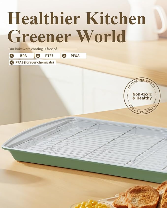 Nonstick Crisp Baking Tray With Wire Rack, Ceramic Coating Jelly Roll 15x10 Cookie Sheet Pan, Non-Toxic, PTFE & PFOA Free, Oven Safe 550°F, Dishwasher Safe, Aluminized Steel, Pistachio Green