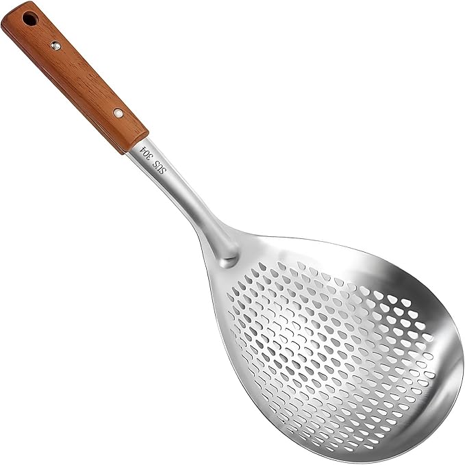 Steel Spider Strainer Wood Handle Kitchen Mesh Drainer for Pasta | Small fine wire mesh strainer spoon, multipurpose kitchen colander, great for deep frying, draining food,washing veg fruits
