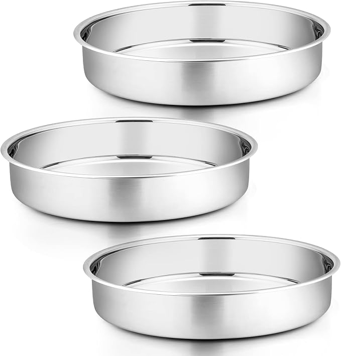 P&P CHEF 11 Inch Round Cake Pan Set of 3, Stainless Steel Baking Cake Pans | Round Baking Cake Pan Bakeware for Layer Birthday Cake, Fit Oven/Pots/Pressure Cooker, Leakproof & Dishwasher Safe, Silver