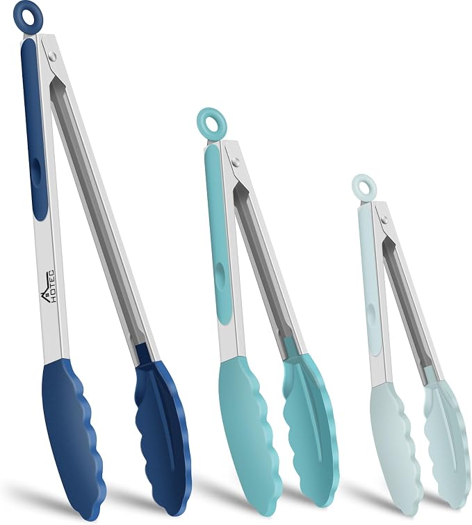 HOTEC Premium Stainless Steel Locking Kitchen Tongs with Silicon Tips, Set of 3-7", 9" and 12" (Gradient Blue)