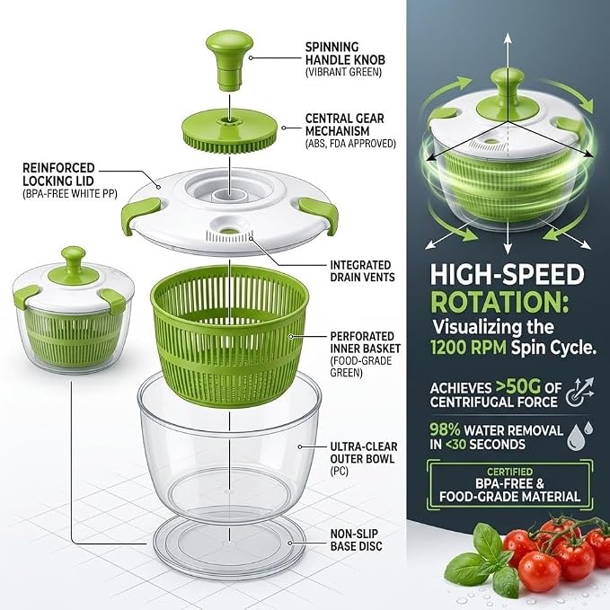 Salad Spinner-Lettuce Spinner, 5QT | Best Fruit Washer, Spinner Bowl, Easy-Spin Handle